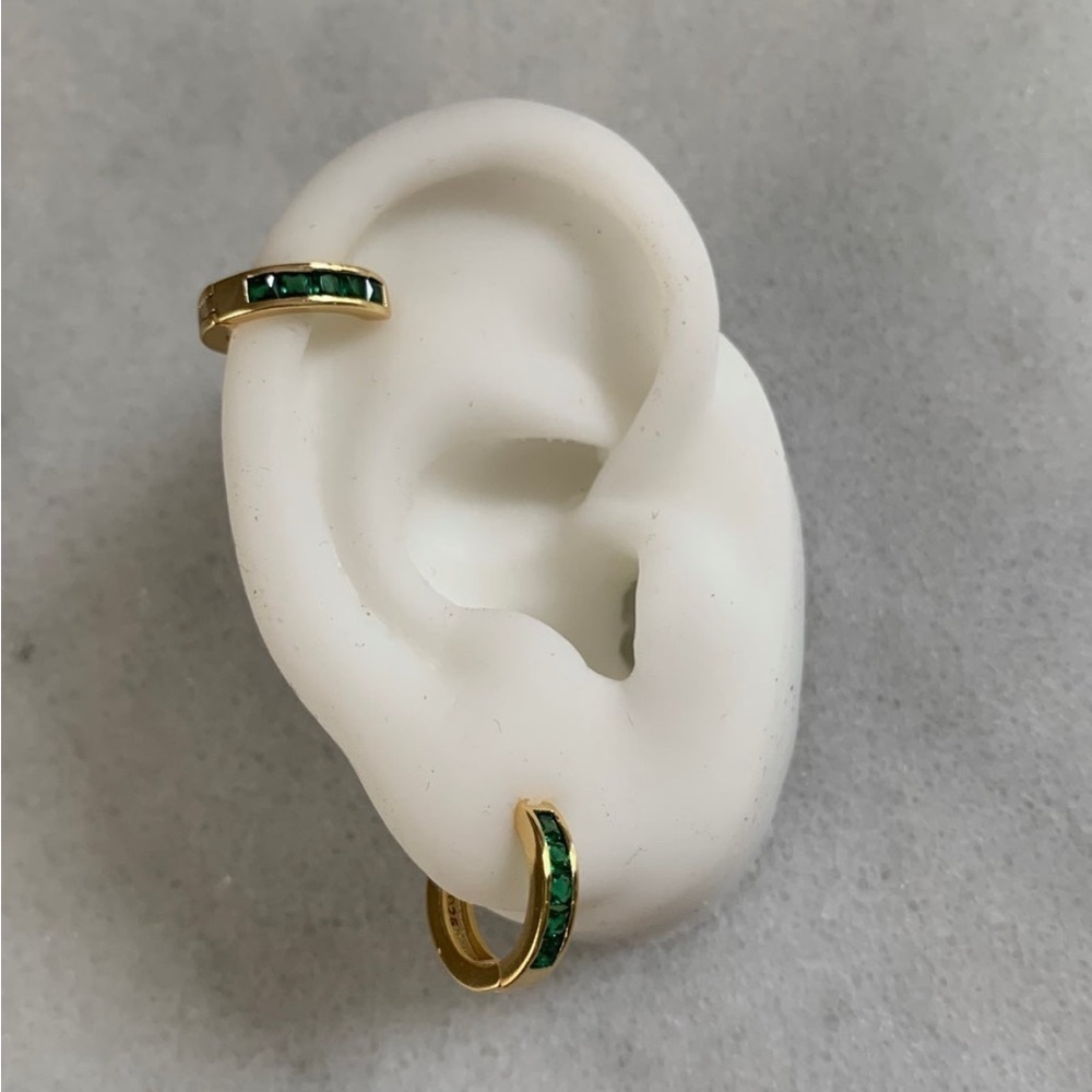 Gold Green Crystal Thick Small Huggie Hoop Earrings - Picture 2 of 3